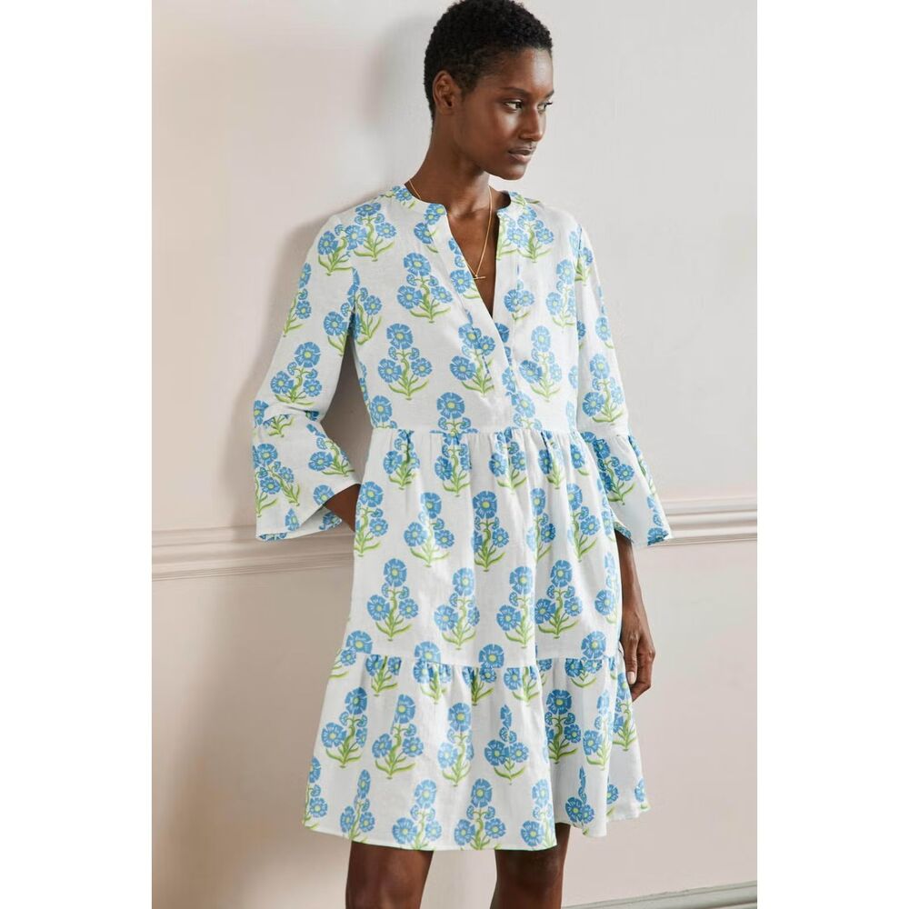 NWT Boden Relaxed Linen Tiered Dress Molly Mahon Flower Woodblock Women's 2R